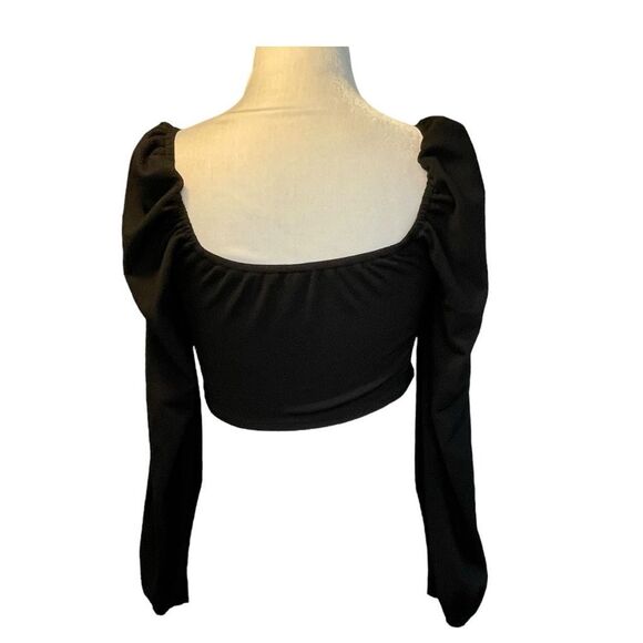 Bishop Sleeve Corset Top Black Knit Square Neck Front Cropped Long Sleeve S - Picture 5 of 7